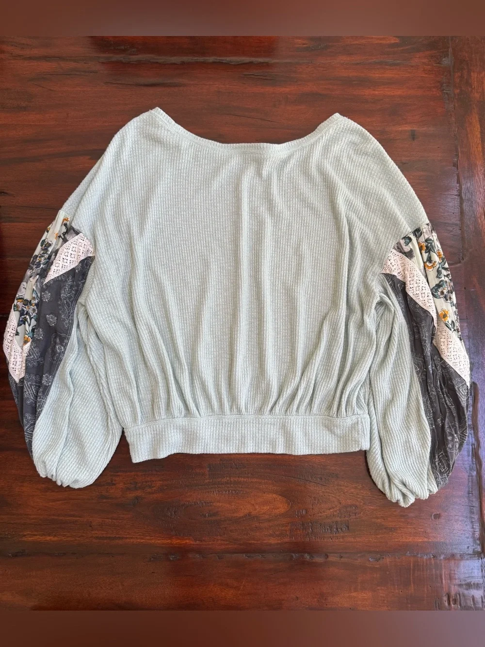 Free People Casual Clash Floral Patchwork Crochet Balloon Sleeve Thermal Top